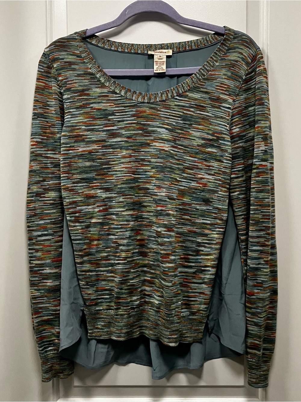 • Sundance Mixed Media Blouse M Silk Back Space Dye Knit Top Pullover Sage Blue
